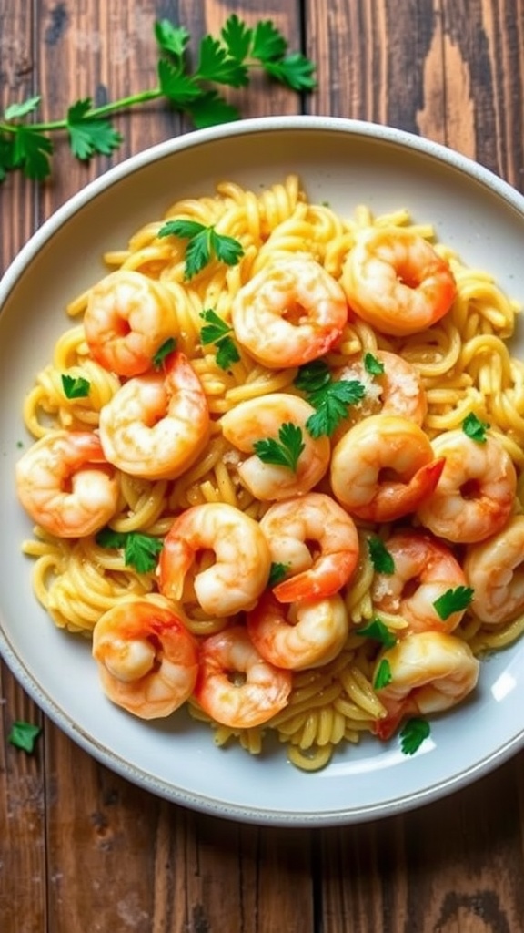 A serving of Lemon Garlic Shrimp Orzo topped with parsley and Parmesan on a rustic wooden table.